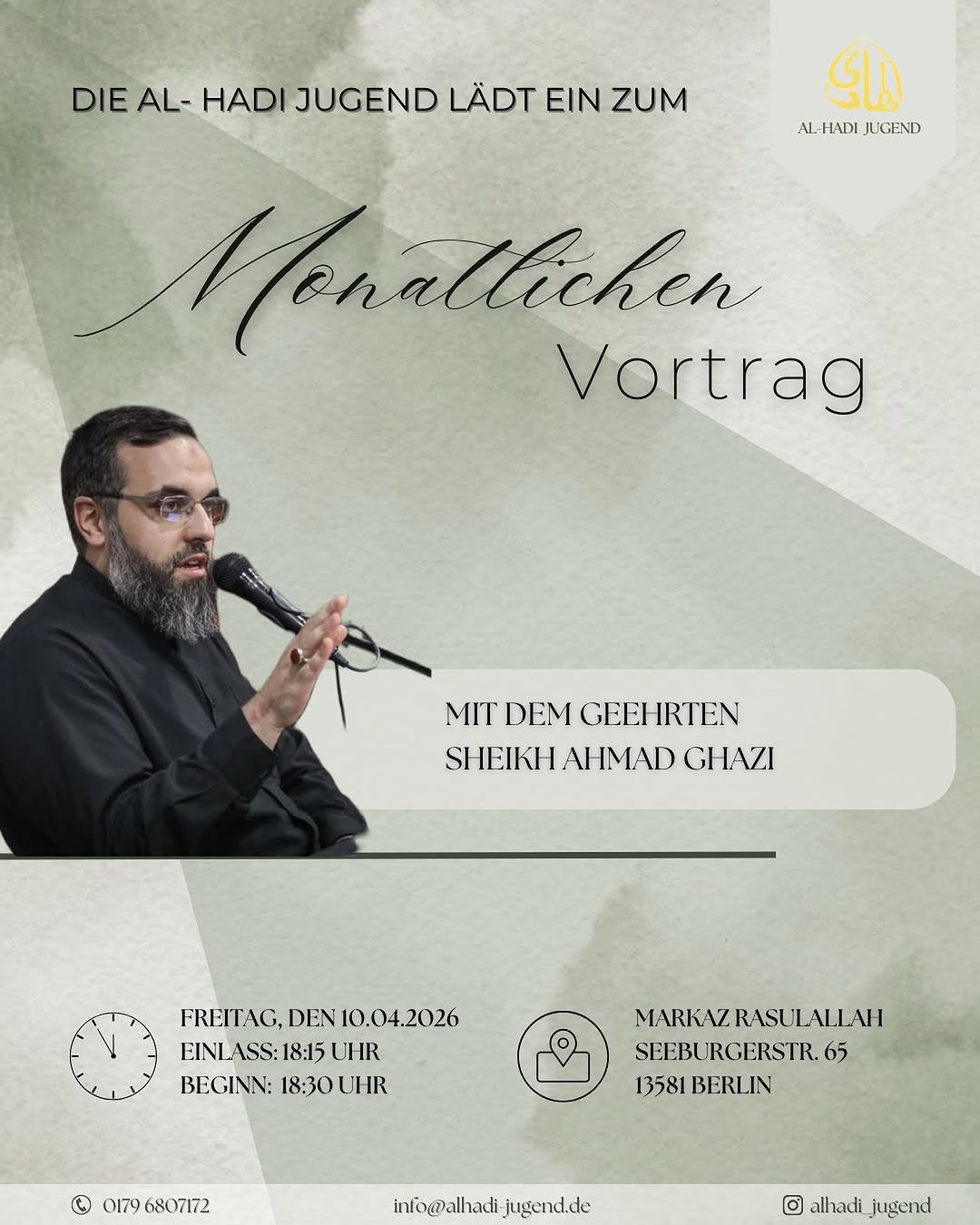 Monatsvortrag, mit dem geehrten Sheikh Ahmad Ghazi flyer